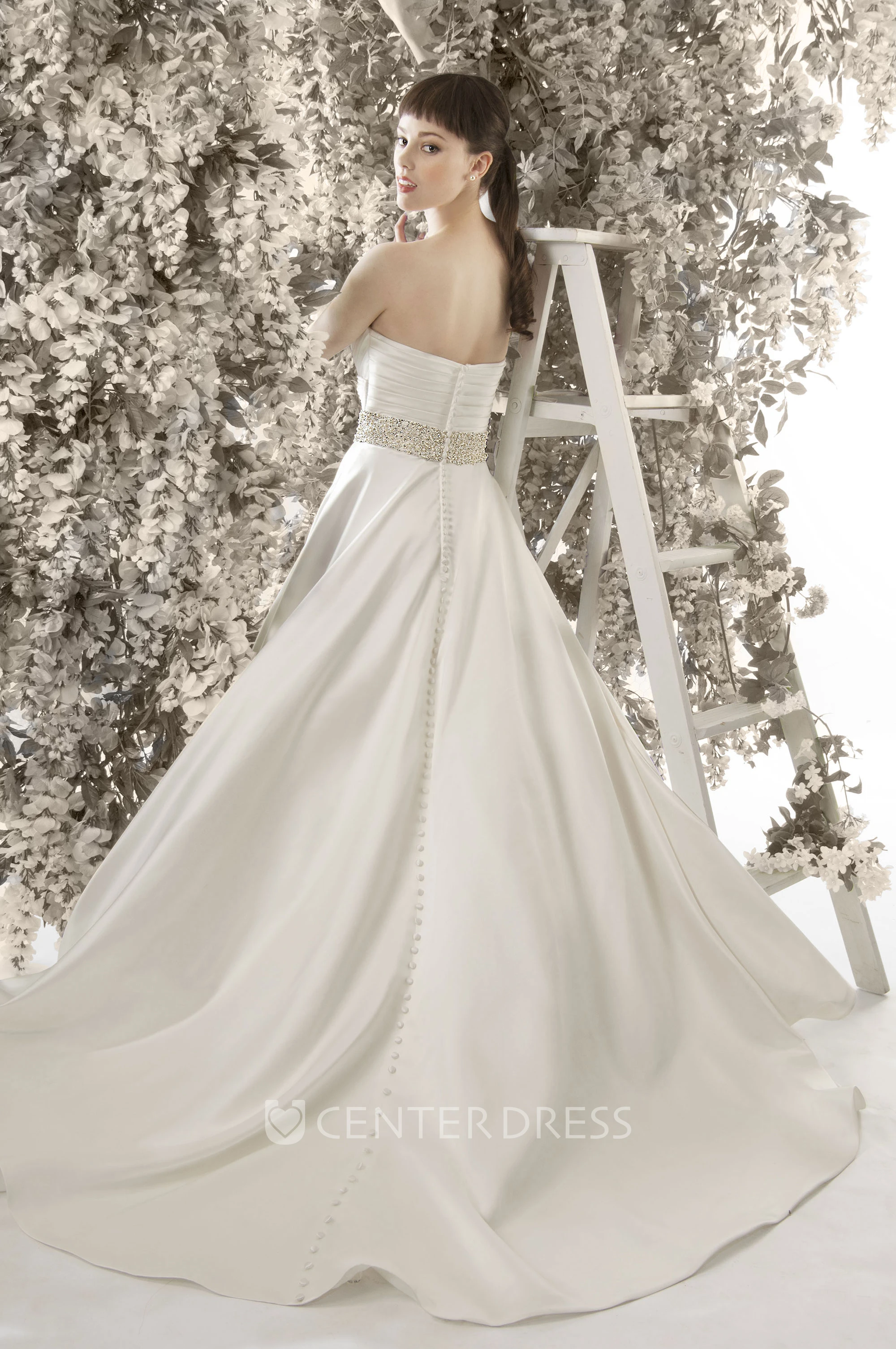 A-Line Floor-Length Sweetheart Jeweled Sleeveless Satin Winter Wedding Dress