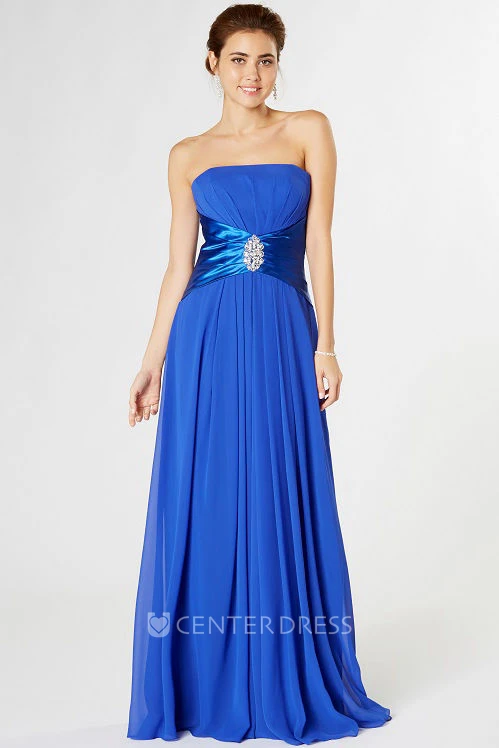 Ruched Strapless Chiffon Bridesmaid Dress With Broach And Corset Back