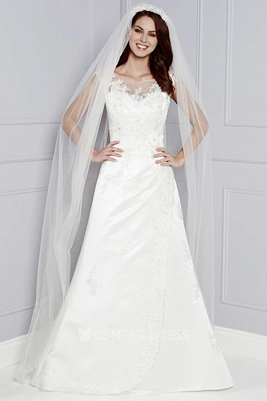 A-Line Cap-Sleeve Appliqued Bateau-Neck Maxi Taffeta Wedding Dress