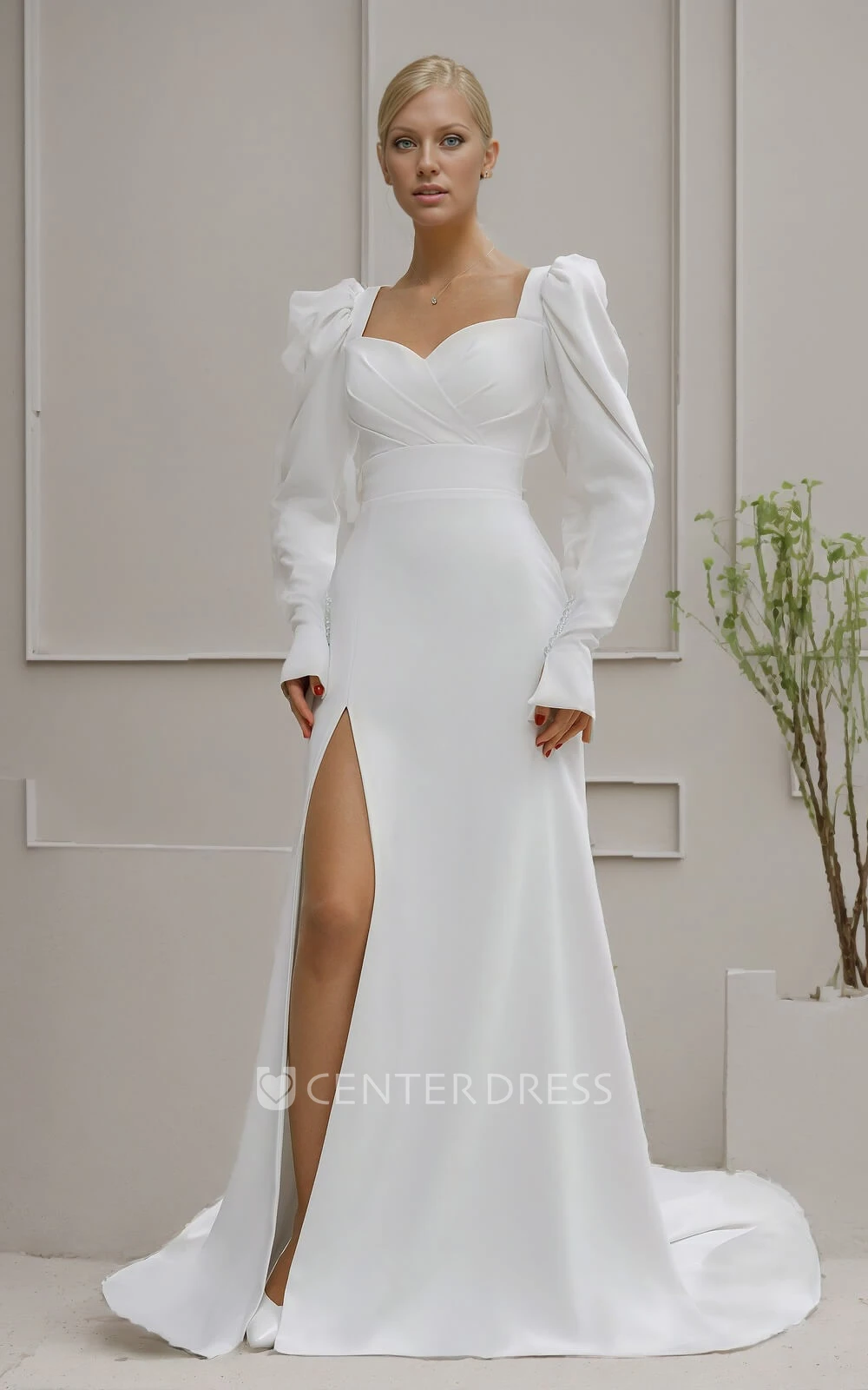 Minimalist Vintage Sheath Ruched Queen Anne Neckline Spring Wedding Dress with Sleeves Simple Elegant Split Front Low Back Sweep Train Satin Bridal Gown
