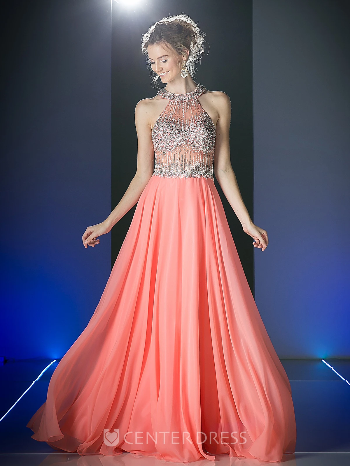 A-Line Long Scoop-Neck Sleeveless Chiffon Illusion Dress With Beading And Pleats