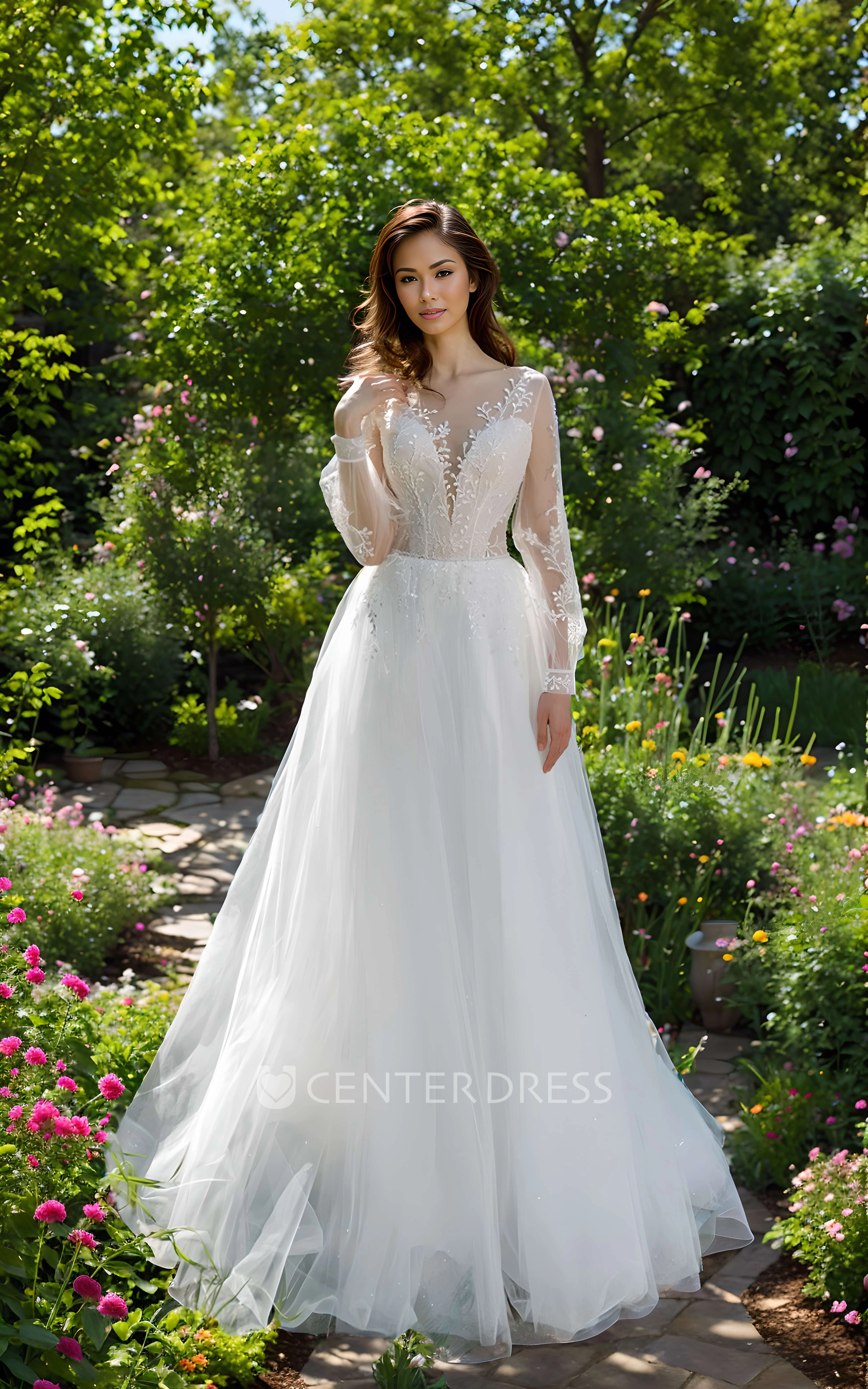 Elegant A-line Lace Spring Wedding Dress Modest Long Sleeve Bateau Plunge Train Gown