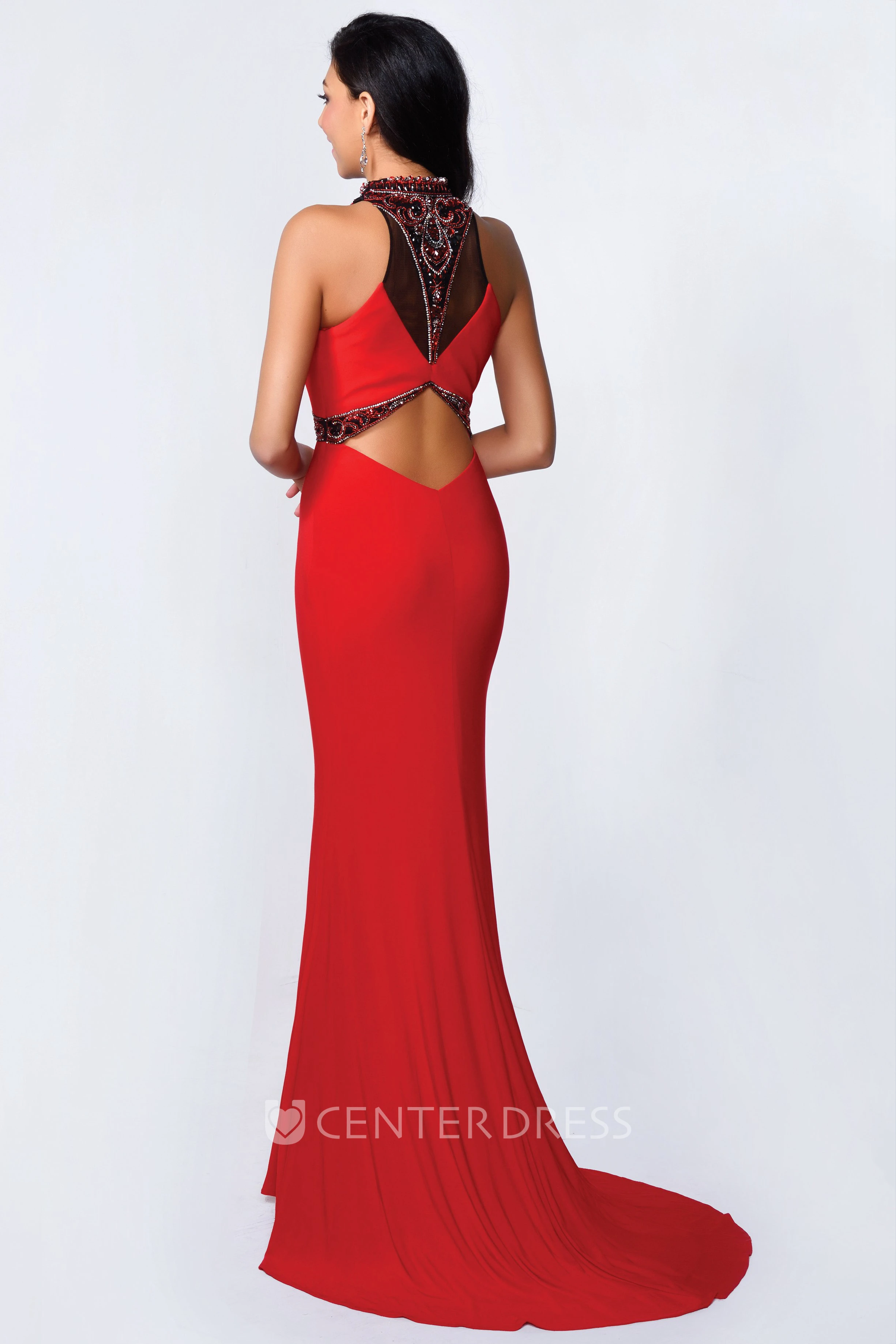 Sheath High Neck Sleeveless Jersey Illusion Dress With Beading And Pleats
