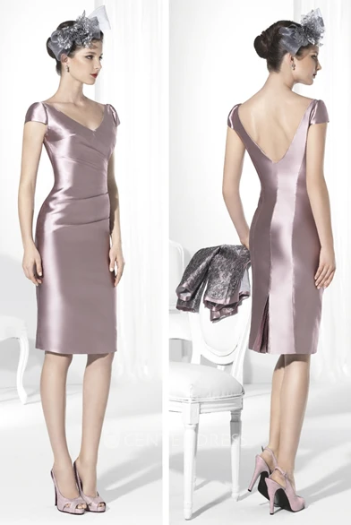 3-4-Sleeve Jacket Knee-Length Satin Prom Dress With Appliques And Split Back