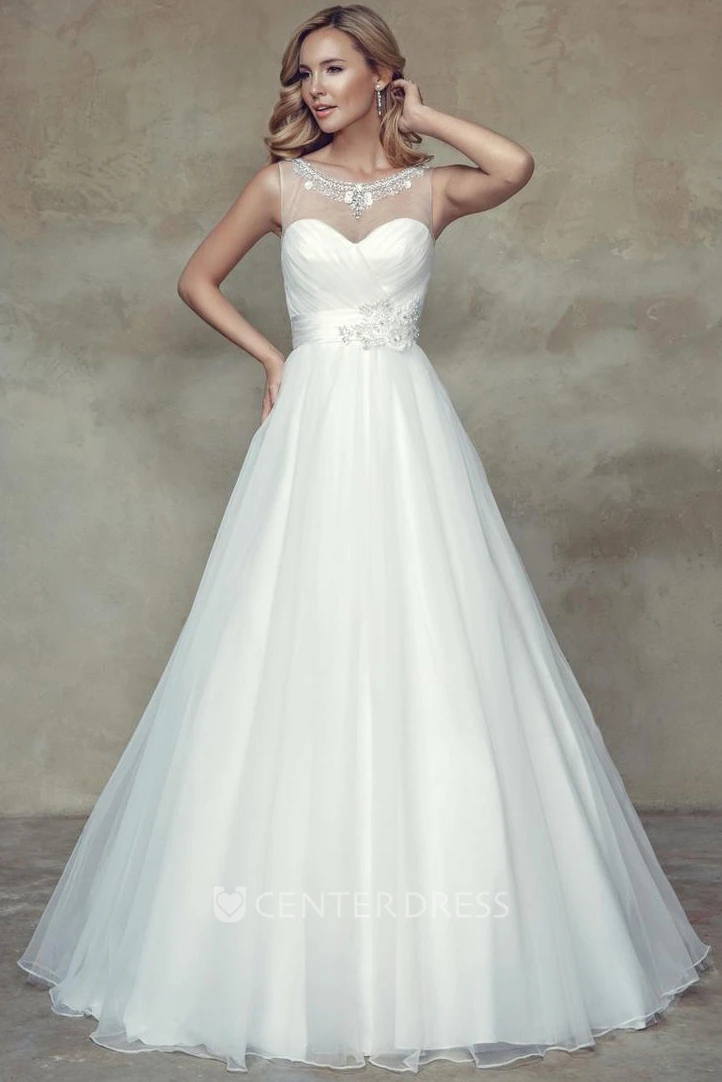 A-Line Scoop Criss-Cross Sleeveless Maxi Tulle&Satin Wedding Dress With Beading And Flower