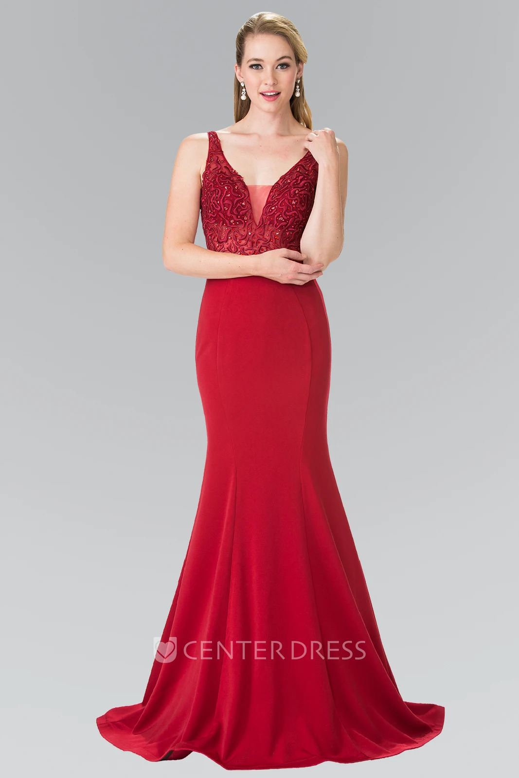 Mermaid V-Neck Sleeveless Jersey Low-V Back Dress With Embroidery And Sequins