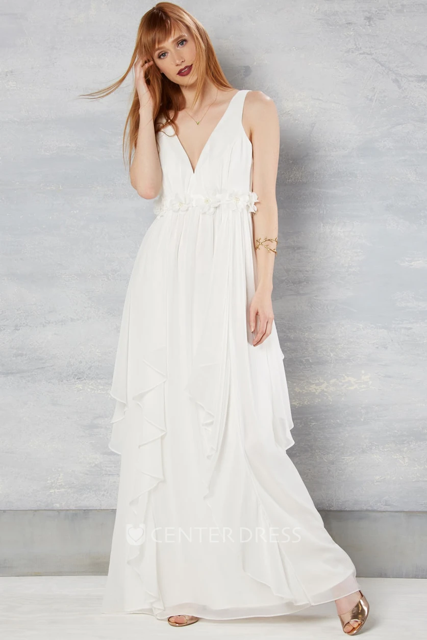 V-Neck Ankle-Length Sleeveless Chiffon Wedding Dress With Draping
