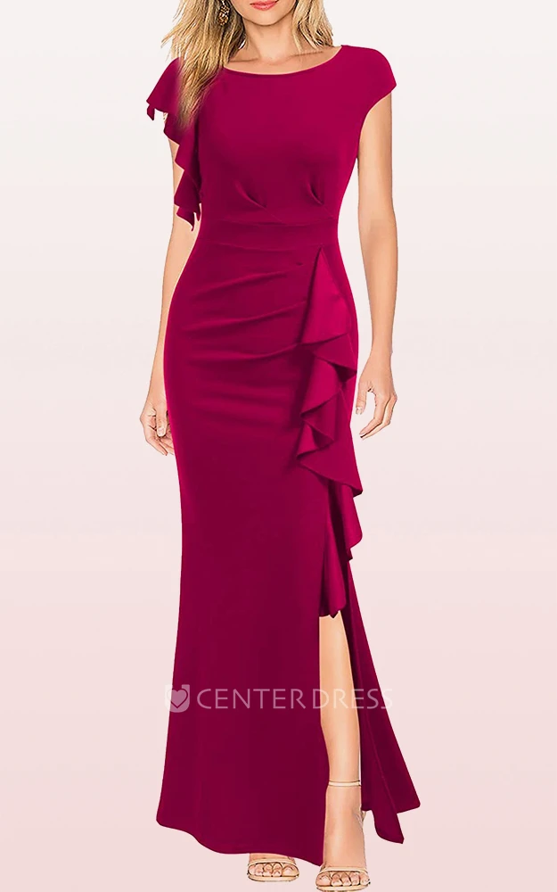 Elegant Jersey Sheath Sleeveless Bateau Guest Dress With Ruffles and Split Front