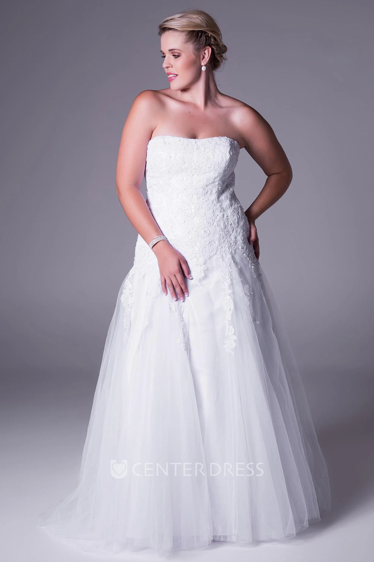 A-Line Strapless Tulle&Lace Plus Size Wedding Dress With Lace Up
