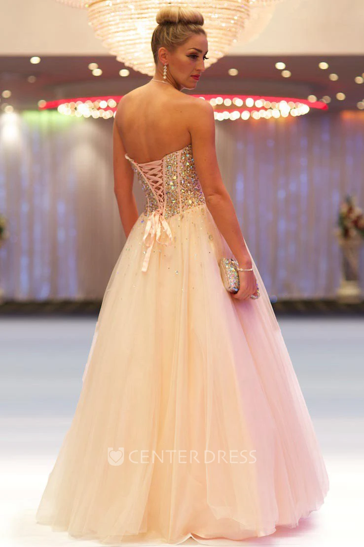 A-Line Beaded Long Sleeveless Sweetheart Tulle Prom Dress With Pleats