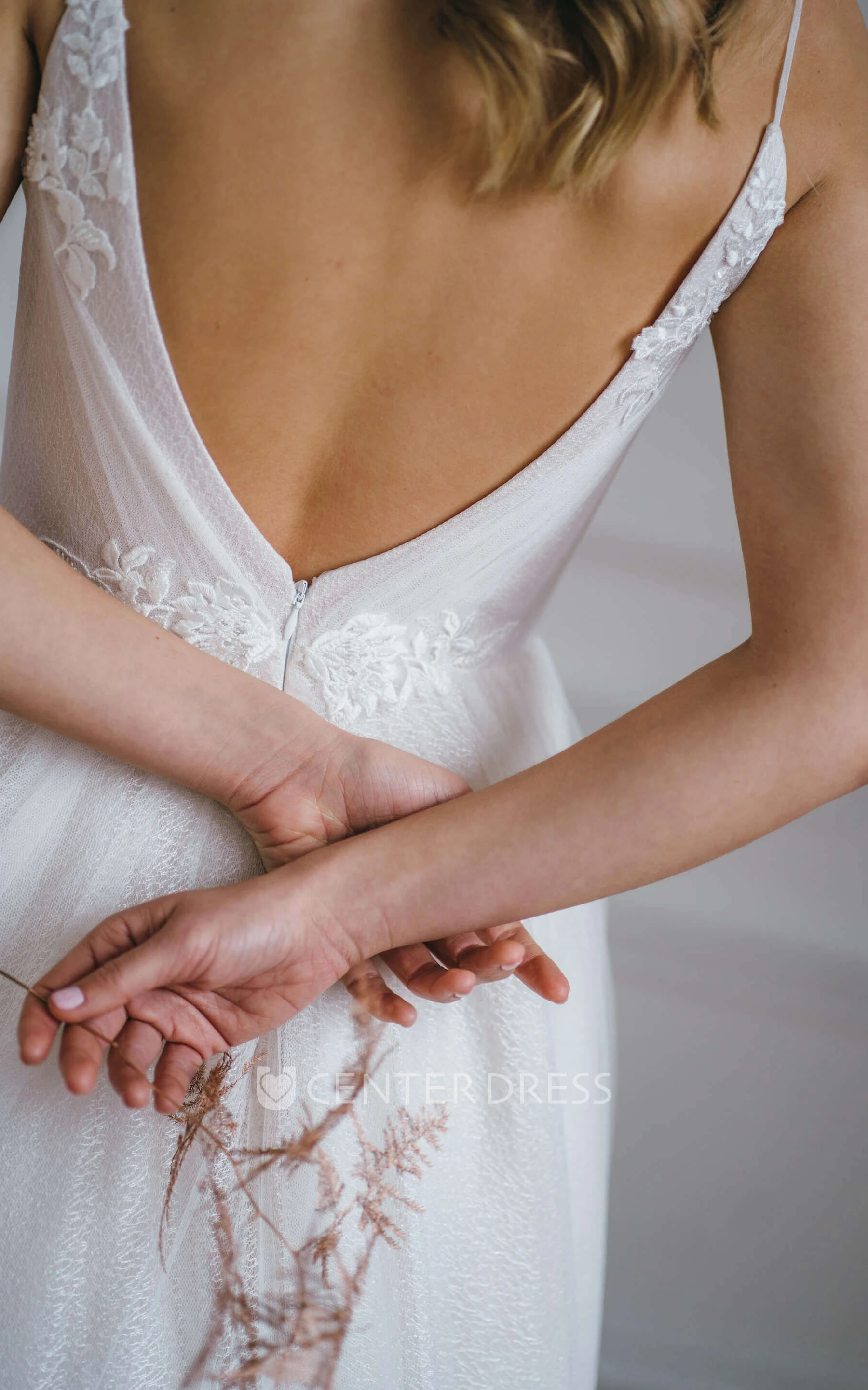 Modern Plunging Neckline A Line Tulle Sleeveless Sweep Train Wedding Dress with Appliques