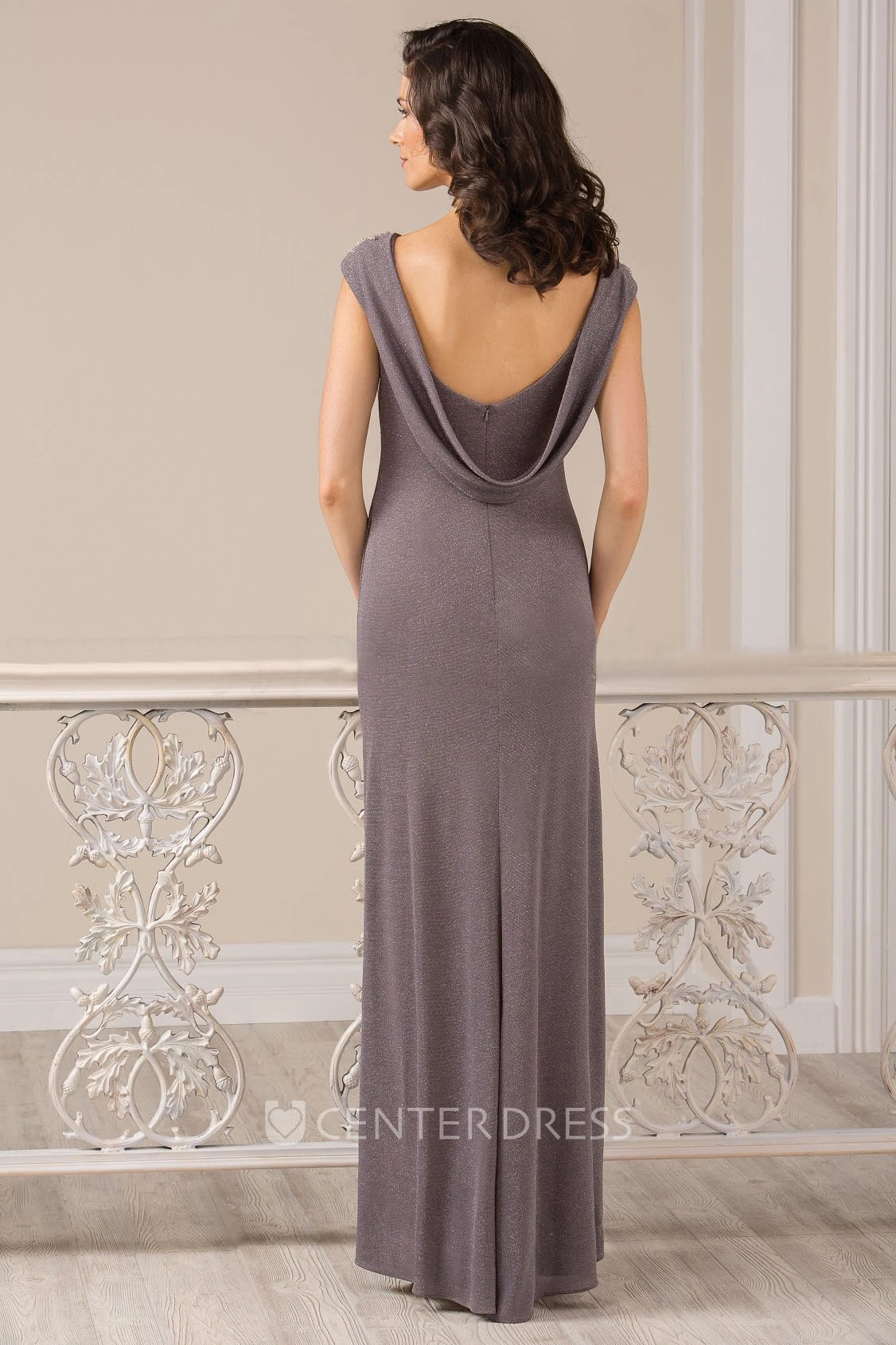 Cap-Sleeved Long Front Silted Mother Of The Bride Dress With Crystals And Draping