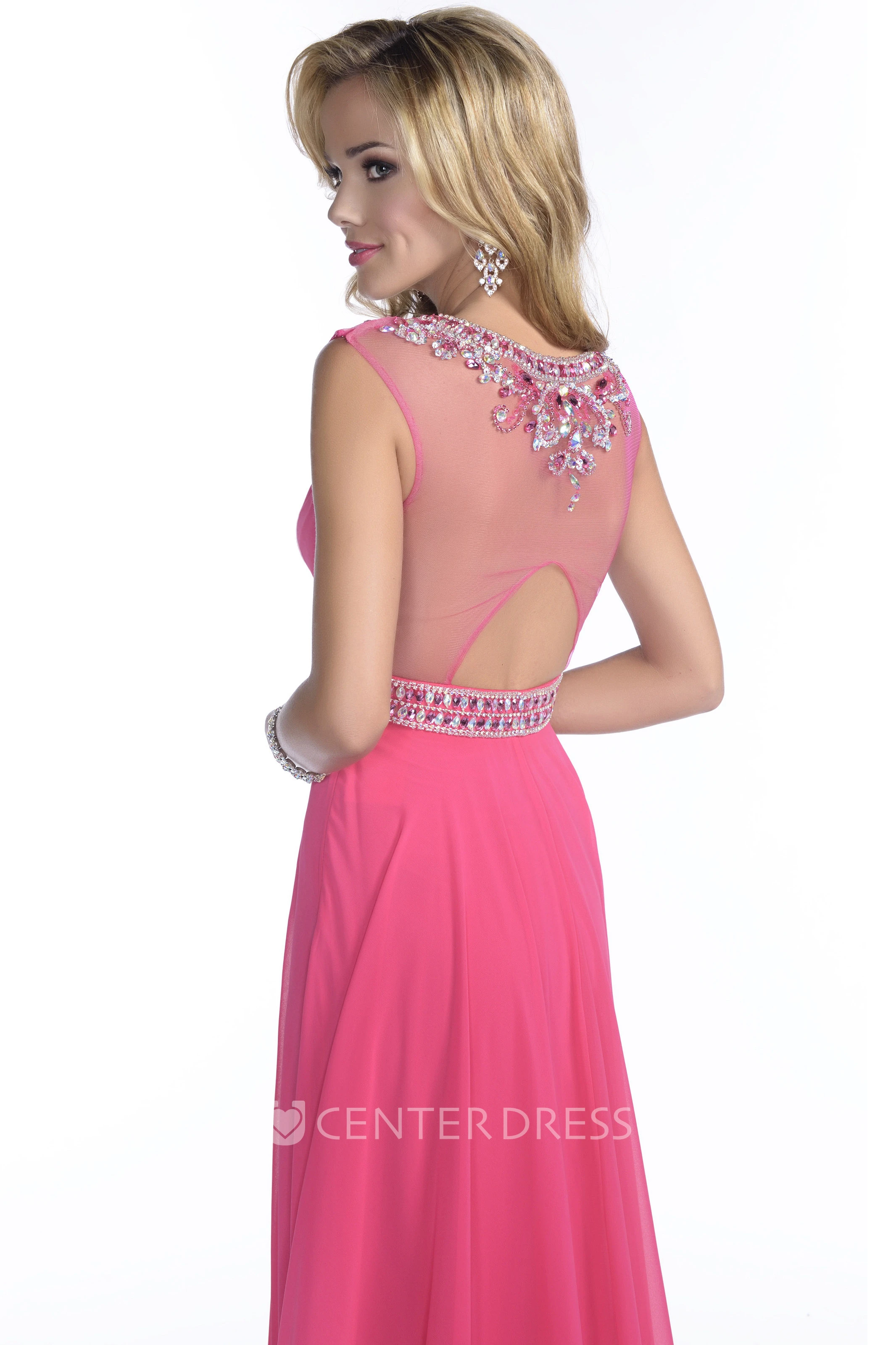 A-Line Chiffon Sleeveless Prom Dress Featuring Keyhole Back And Jeweled Waist