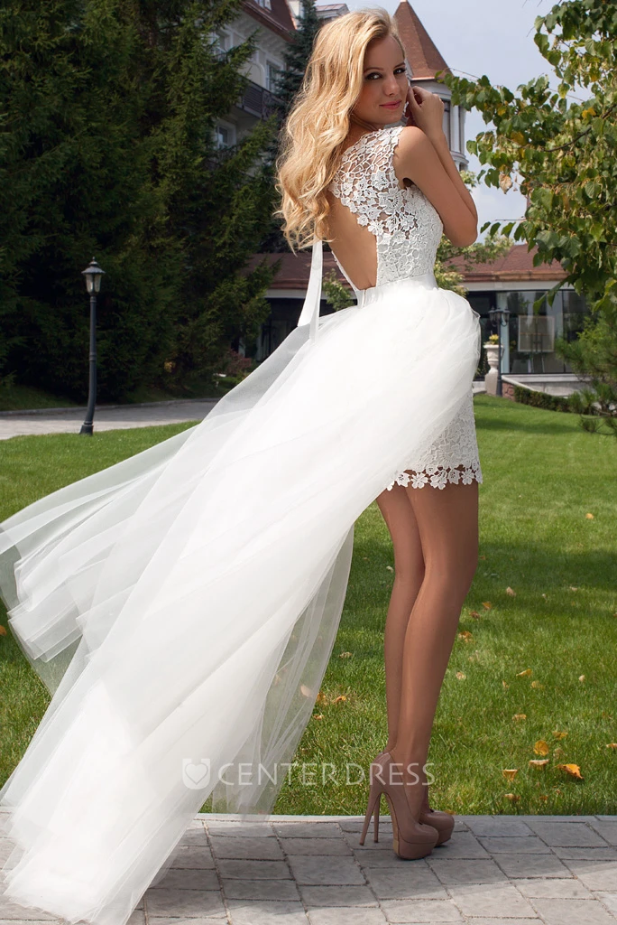 Sleeveless Scoop-Neck Maxi Tulle&Lace Wedding Dress With Keyhole