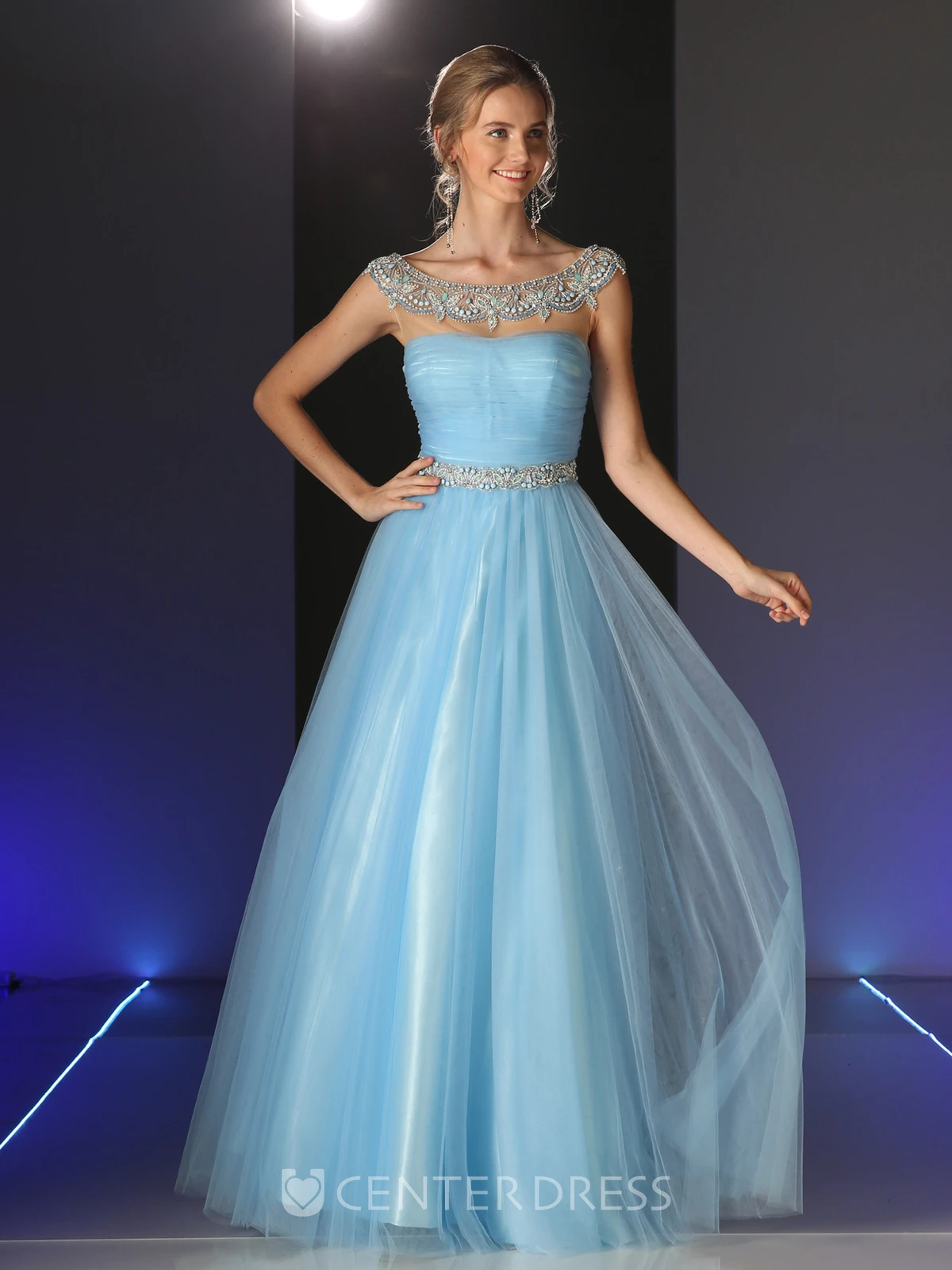 A-Line Long Scoop-Neck Cap-Sleeve Tulle Illusion Dress With Beading And Ruching