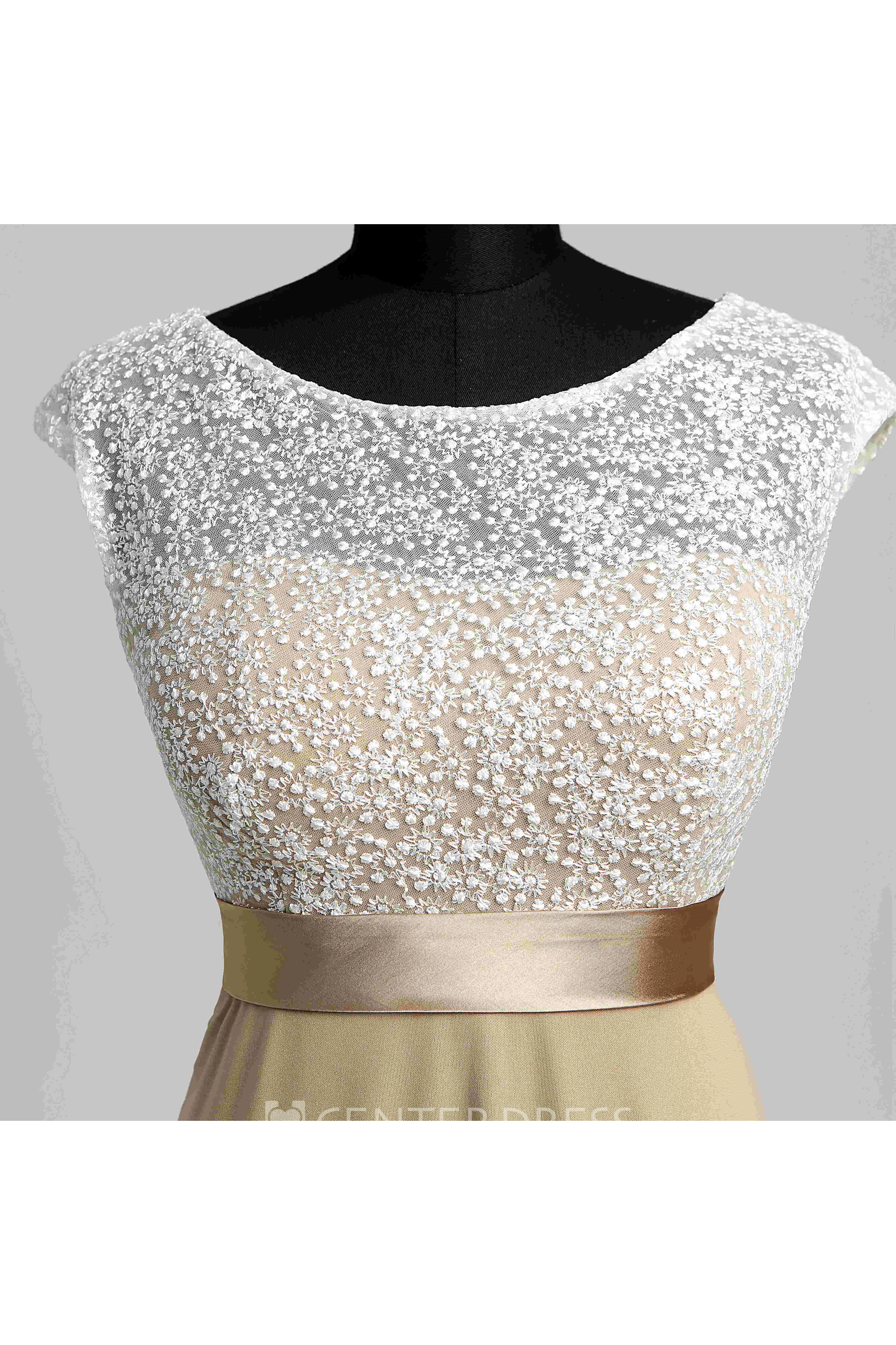 Jersey Lace A-line Bateau Cap Short Sleeve Lace Dress with Sash/Ribbon