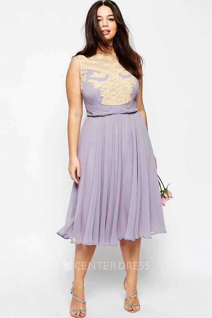 A-Line Pleated Tea-Length Jewel-Neck Sleeveless Chiffon Bridesmaid Dress