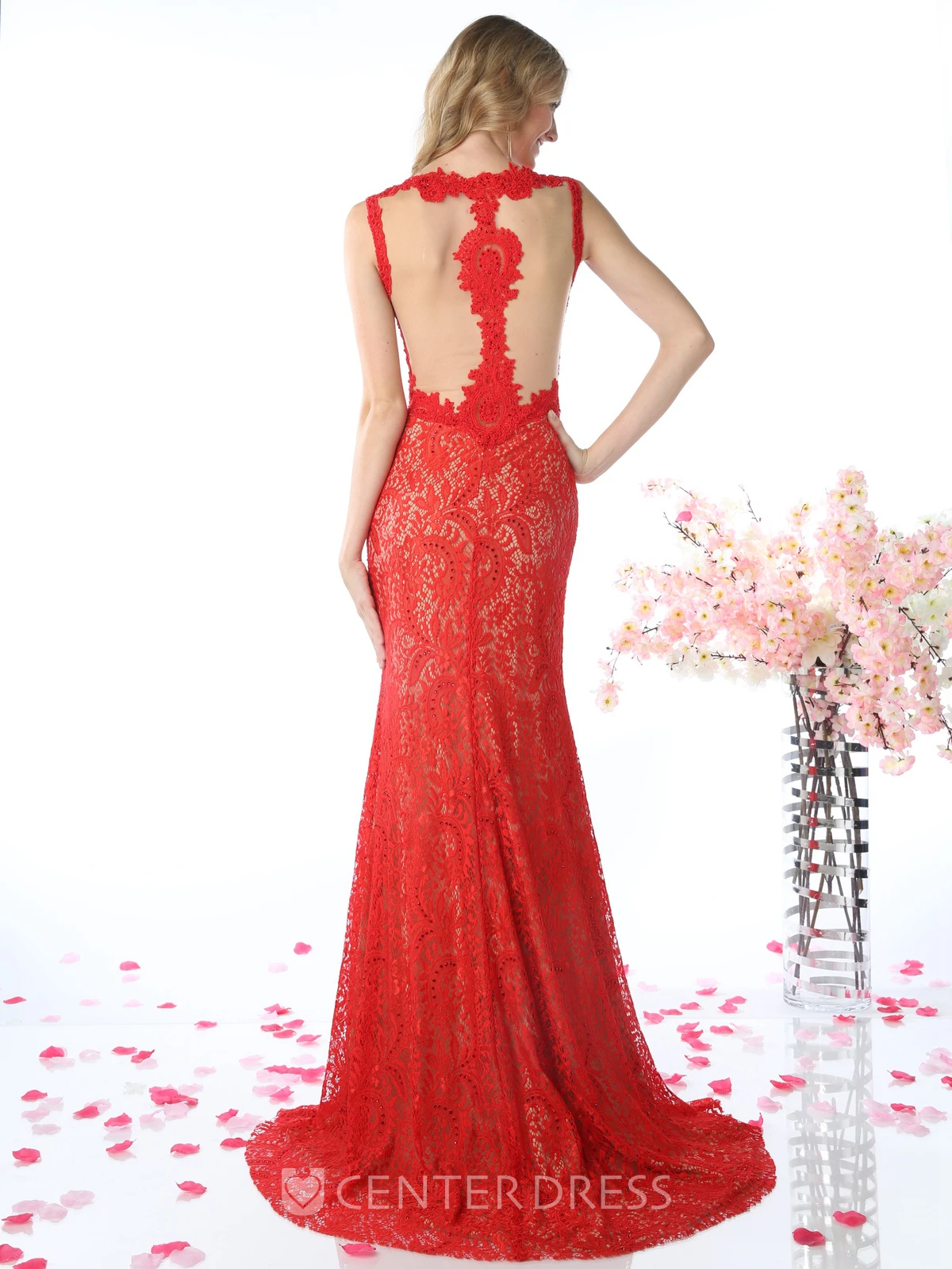 Sheath Scoop-Neck Sleeveless Lace Illusion Dress With Appliques And Split Front
