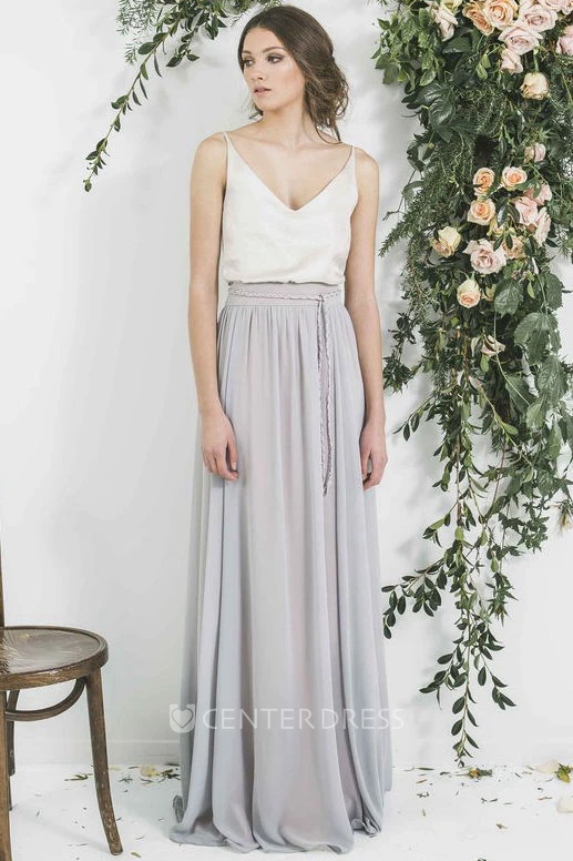 Spaghetti Sleeveless Pleated Chiffon Bridesmaid Dress With Low-V Back