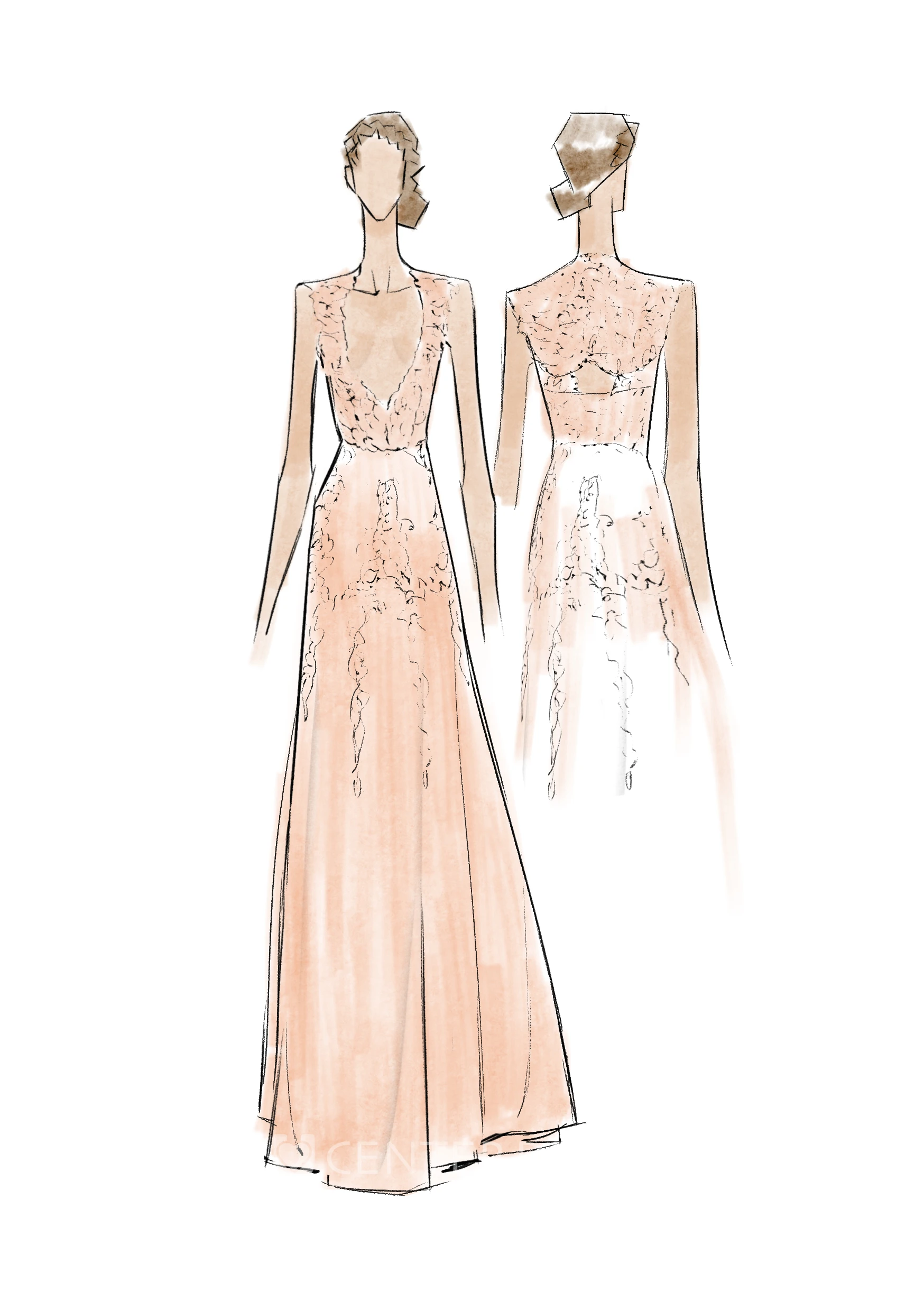 A Line V-neck Lace Tulle Zipper Wedding Gown