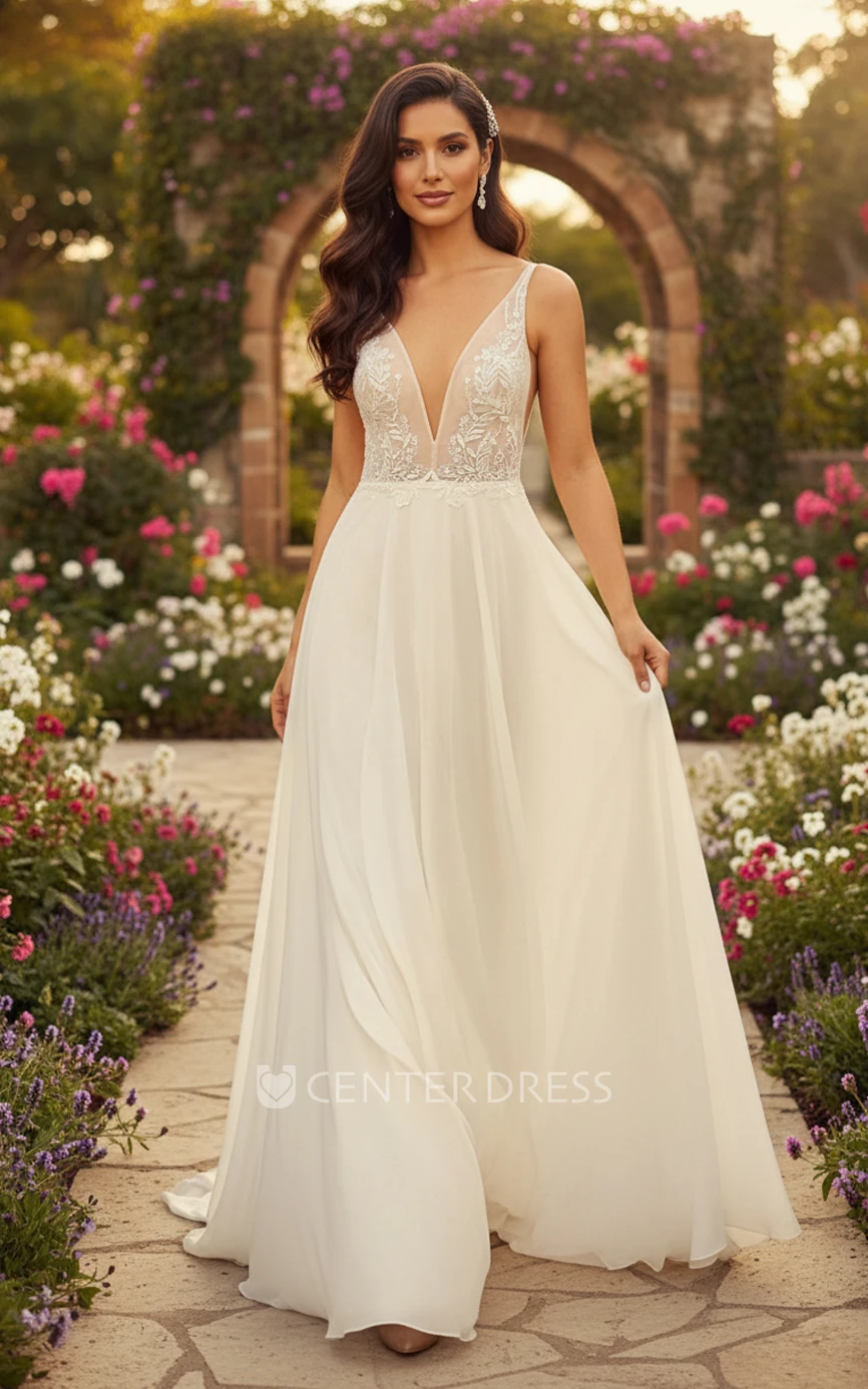 Elegant Romantic A-Line Wedding Dress with Plunging V-Neck Lace Bodice and Chiffon Skirt Boho Bridal Gown