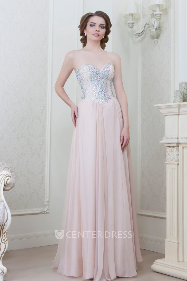 A-Line Beaded Sleeveless Sweetheart Floor-Length Chiffon Evening Dress With Pleats