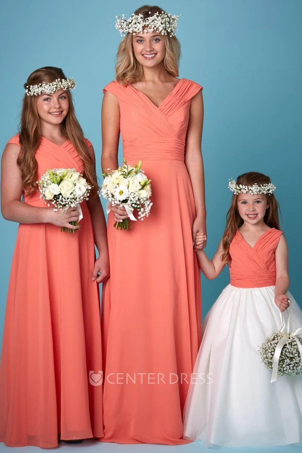 Floor-Length V-Neck Ruched Short Sleeve Chiffon Bridesmaid Dress