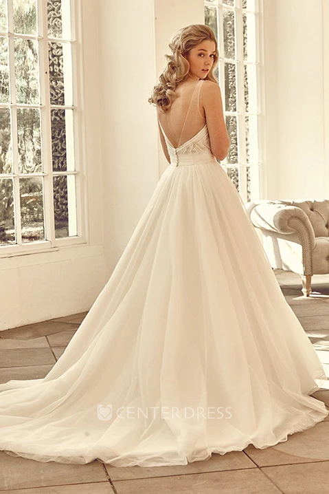 V-Neck Long Beaded Tulle Wedding Dress With Court Train And V Back
