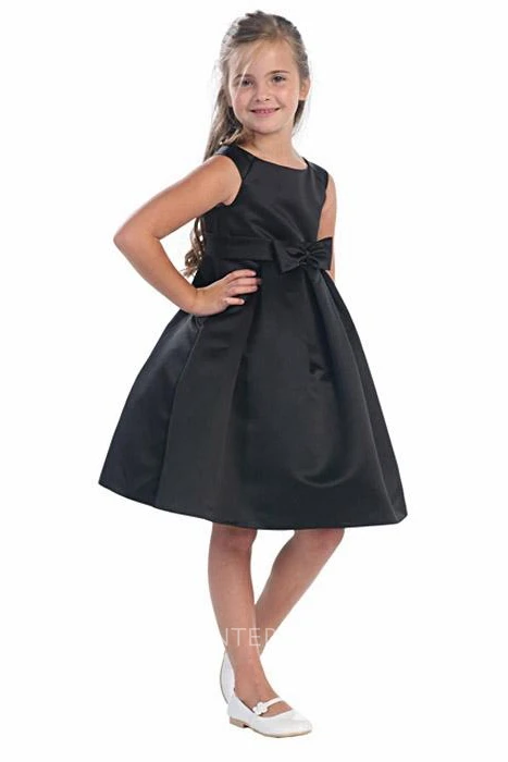 Knee-Length Split Pleated Tiered Satin Flower Girl Dress With Split Front