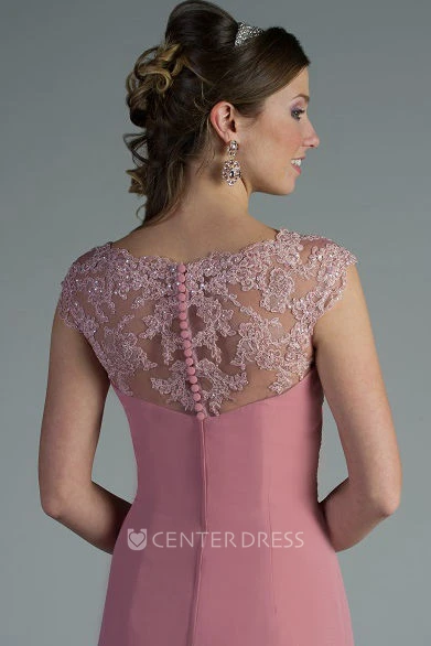 Appliqued V Neck And Cap Sleeve Chiffon Long Mother Of The Bride Dress With Side Drape