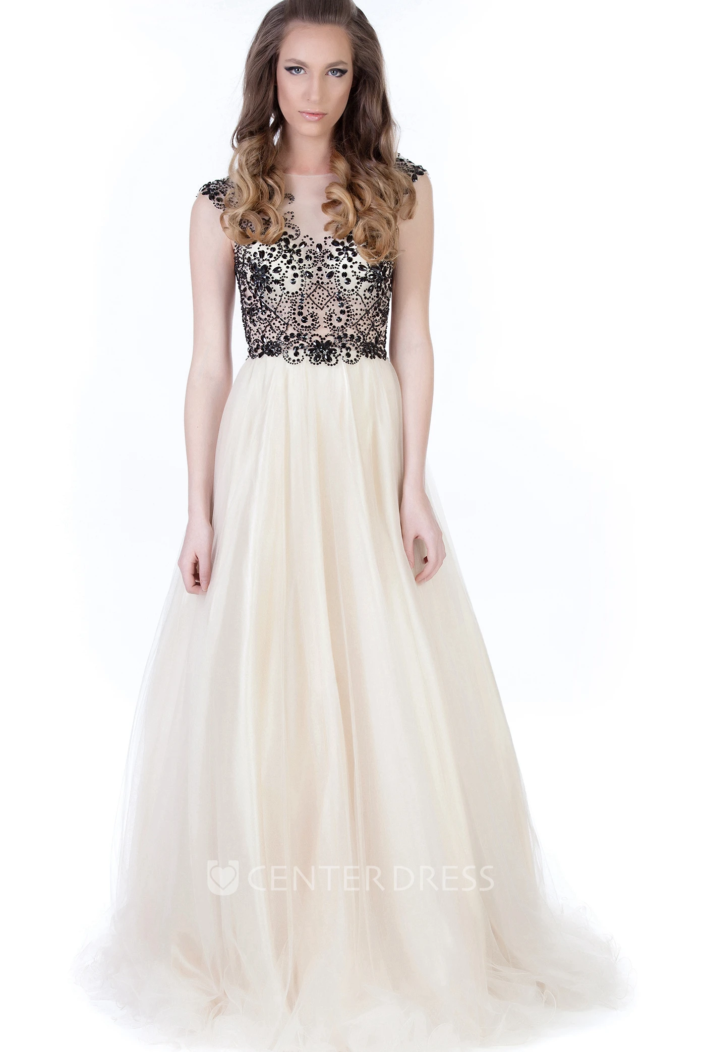 A-Line Maxi Beaded Jewel-Neck Cap-Sleeve Tulle Prom Dress With Pleats