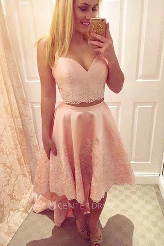 A-line High-low Sleeveless Straps Sweetheart Appliques Lace Satin Lace Homecoming Dress