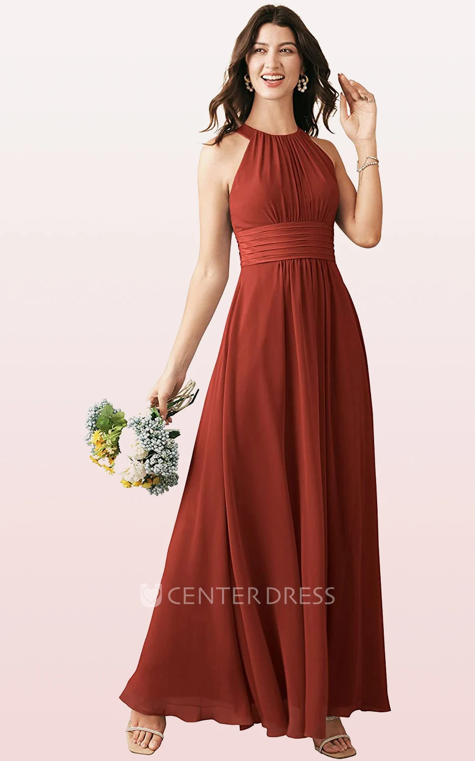 Modern Chiffon Ankle-length Halter A Line Sleeveless Bridesmaid Dress With Ruching