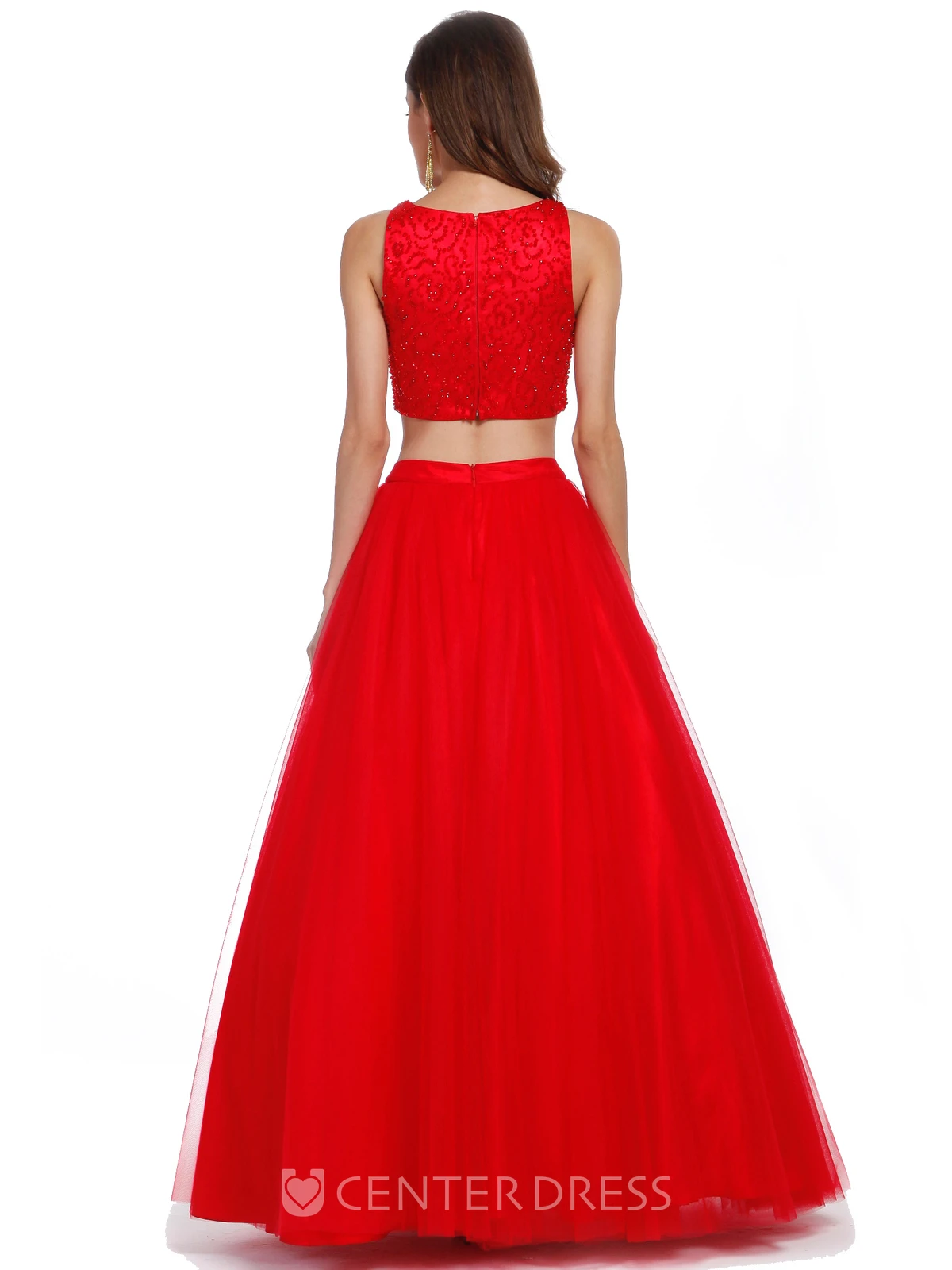 A-Line Floor-Length V-Neck Sleeveless Satin Zipper Dress With Beading