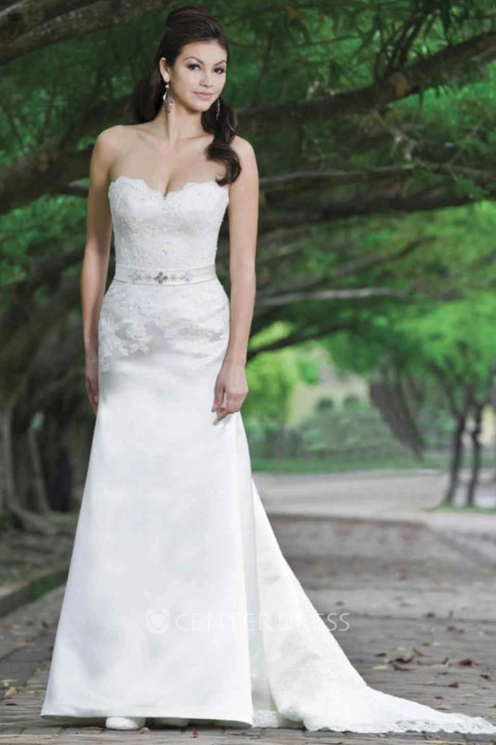 Sheath Jeweled Sweetheart Maxi Satin Wedding Dress With Lace