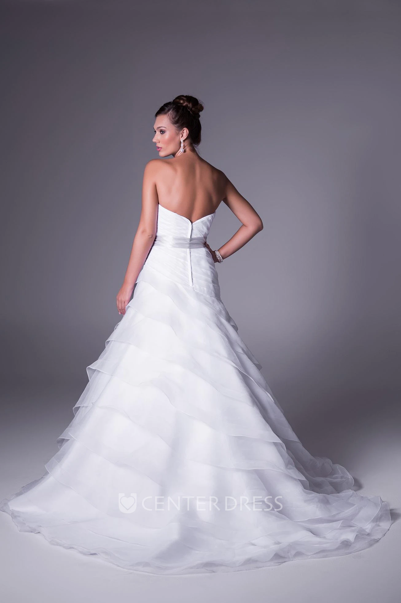 A-Line Floor-Length Strapless Sleeveless Tiered Organza Wedding Dress With Ruching And Broach