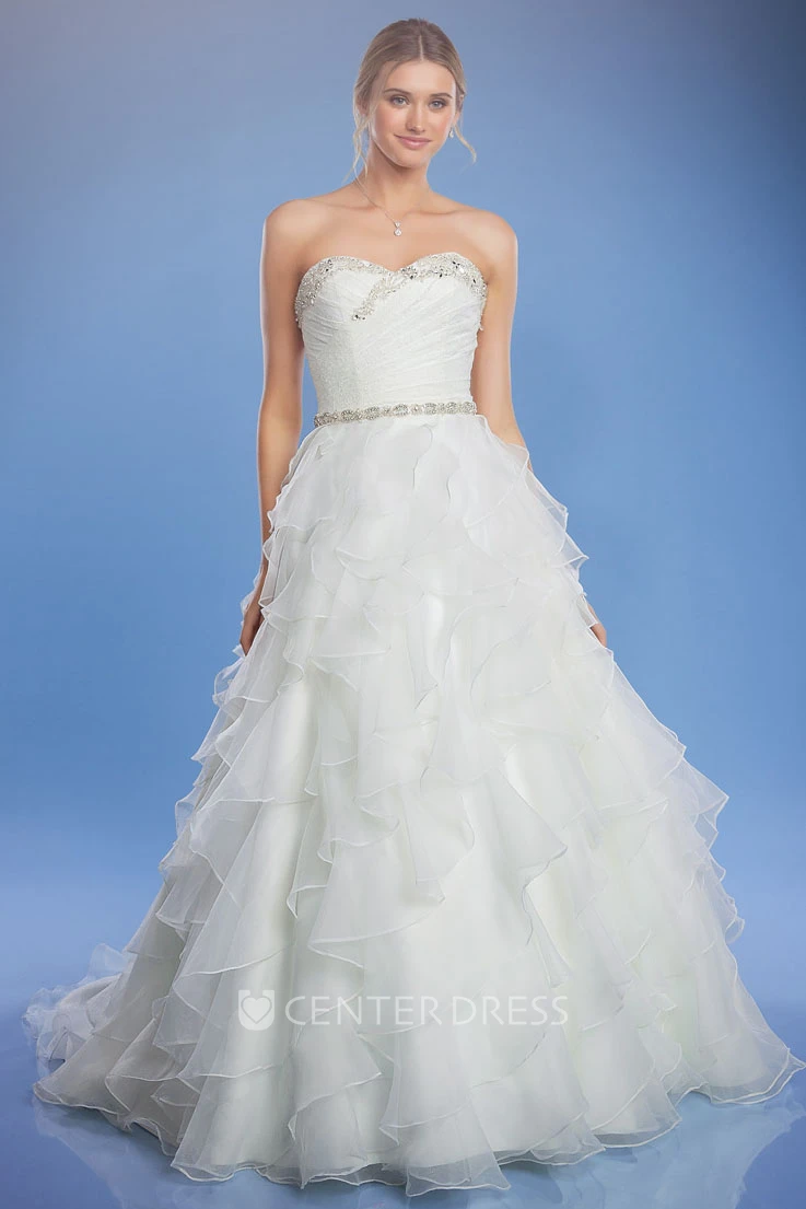 Long Sweetheart Criss-Cross Jeweled Organza Wedding Dress