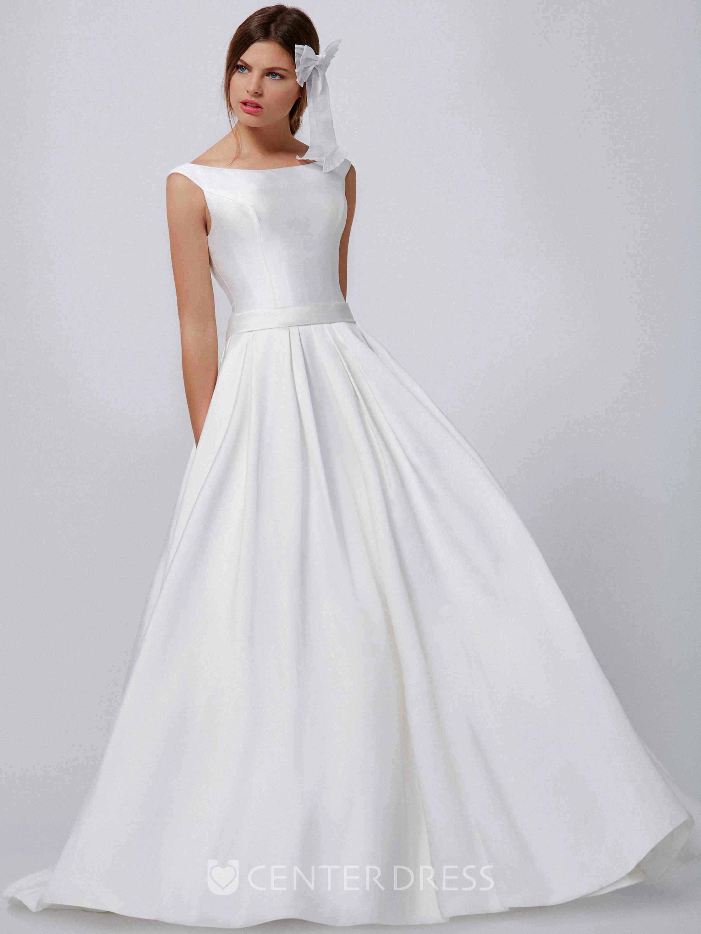 A-Line Long Scoop-Neck Sleeveless Satin Wedding Dress