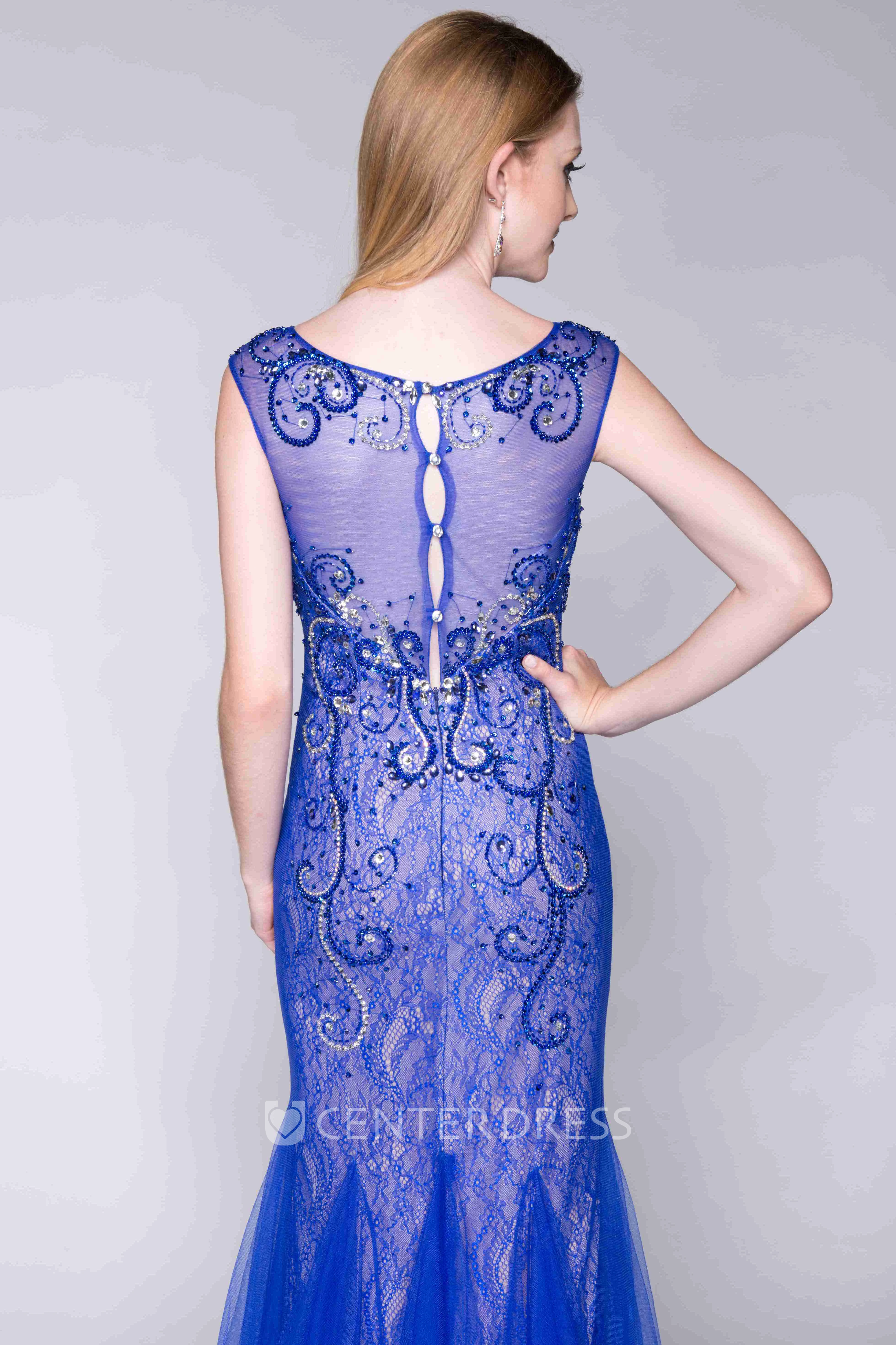 Cap Sleeve Bateau Neck Lace Mermaid Prom Dress With Tulle Skirt