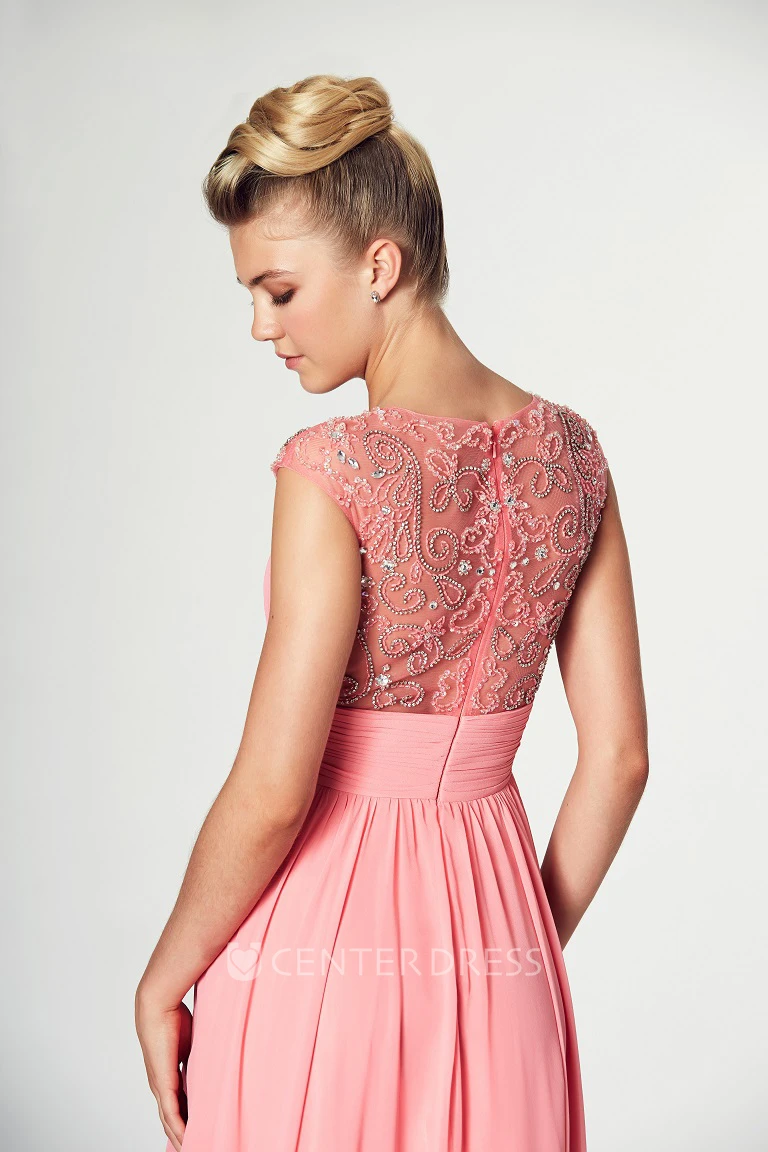 Maxi Ruched Sleeveless Scoop Neck Chiffon Prom Dress