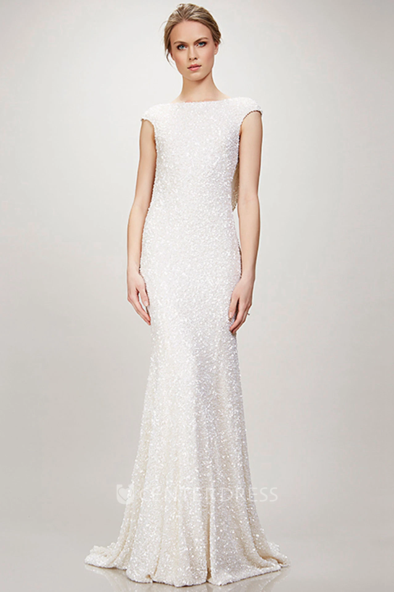 Bateau Long Beaded Jersey Wedding Dress With Sweep Train And V Back
