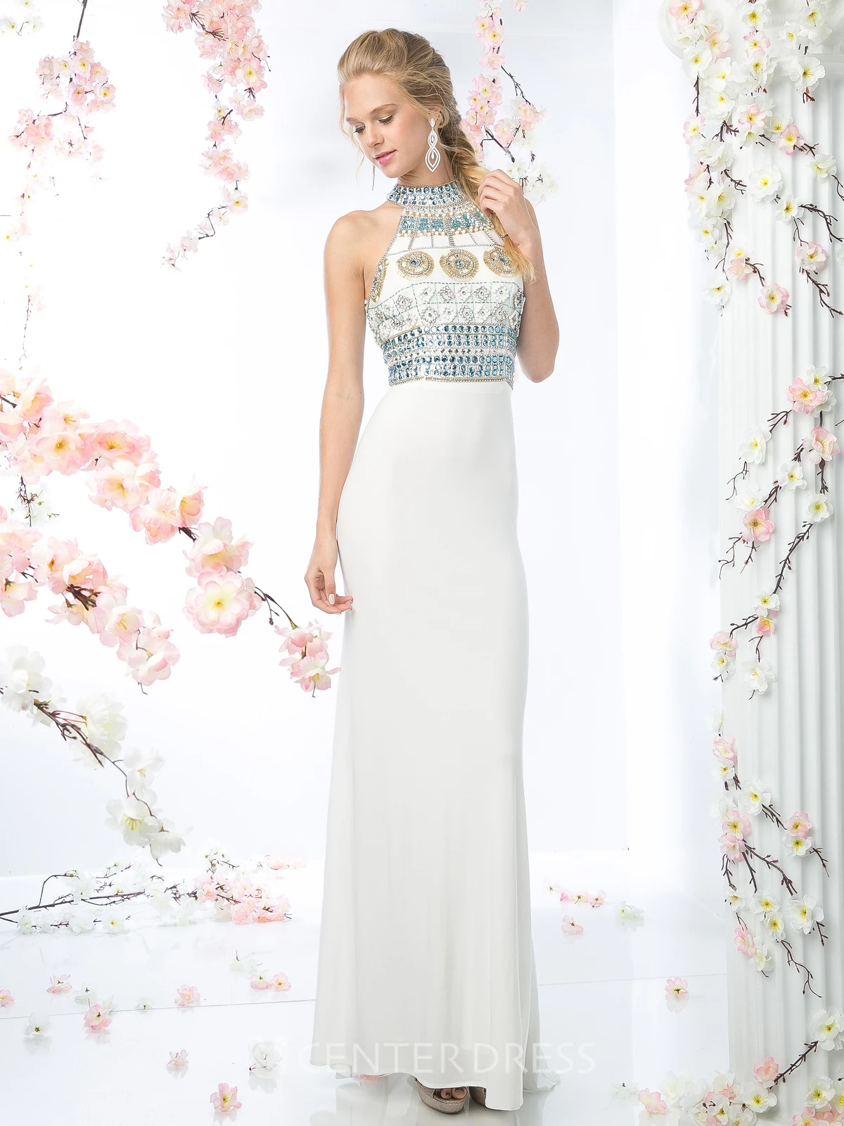 Sheath Long High Neck Sleeveless Jersey Keyhole Dress With Crystal Detailing