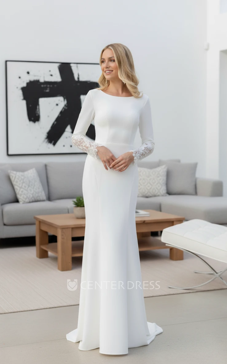 Modest Sheath Bateau Long Sleeve Spring Wedding Dress Elegant Satin Lace Solid Bridal Gown
