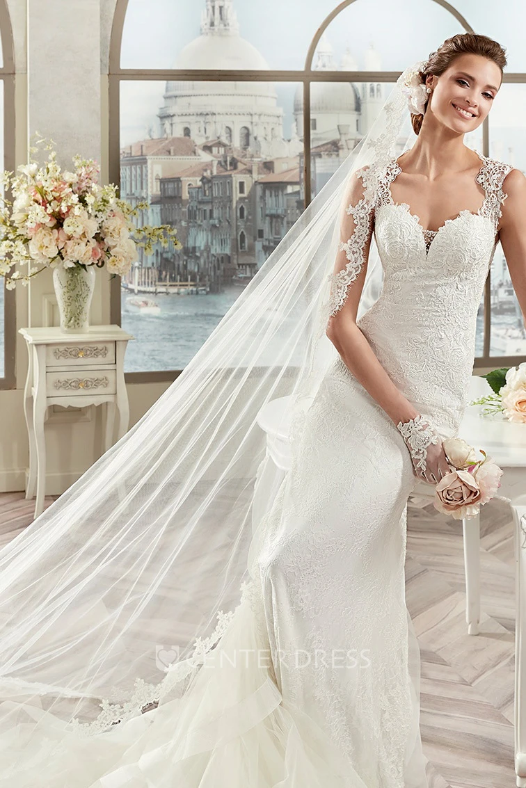 Sweetheart Lace Mermaid Bridal Gown With Appliques Straps And Court Train