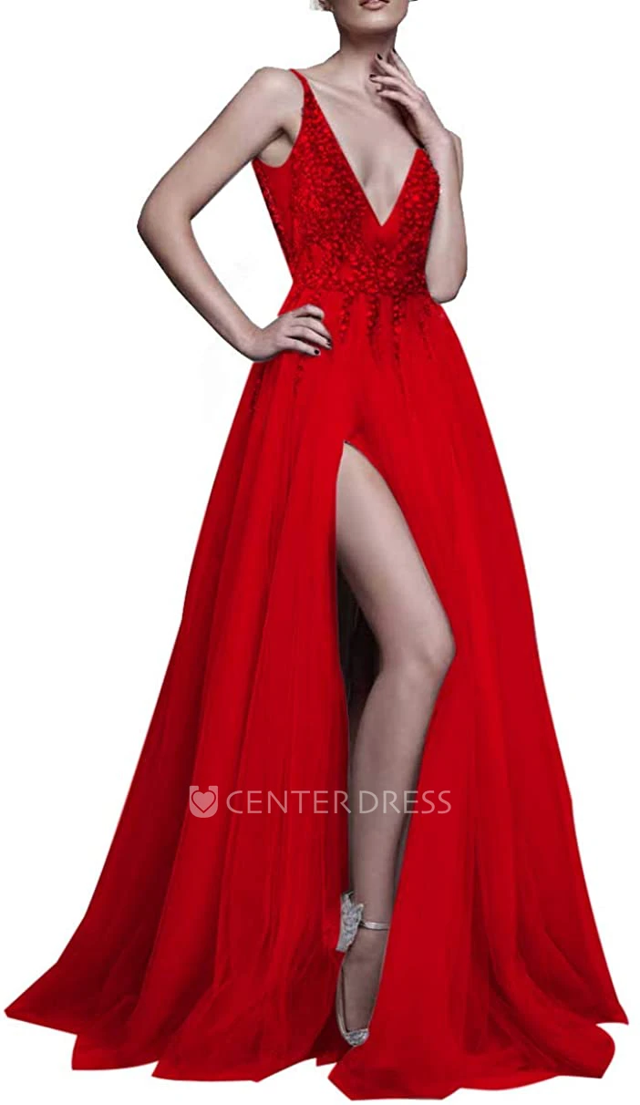 Tulle Floor-length Court Train V-neck A Line Sleeveless Prom Dress With Beading