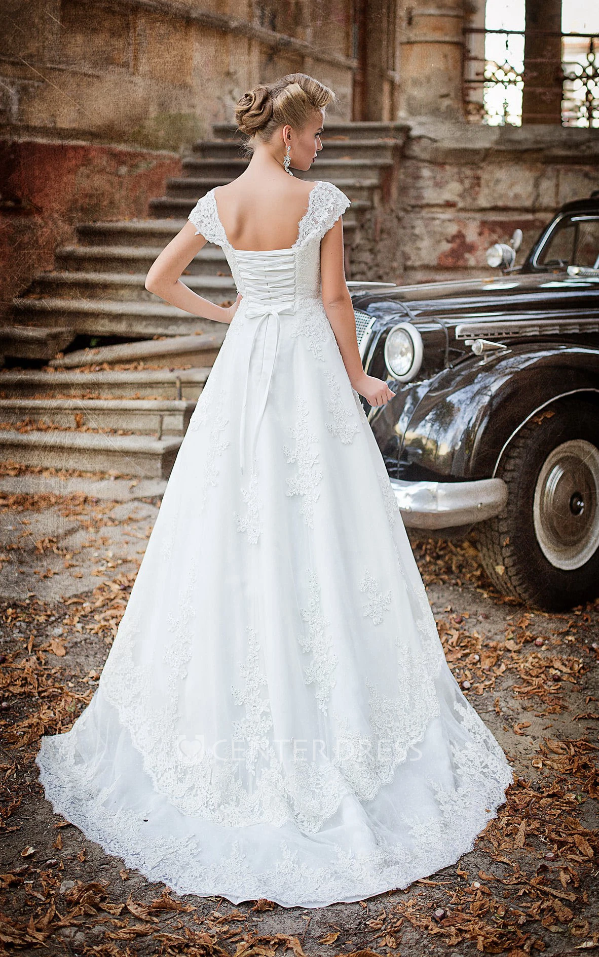 A-Line Long Cap-Sleeve Corset-Back Lace Dress With Appliques