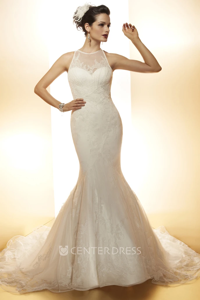 Trumpet Sleeveless Long High Neck Appliqued Lace Wedding Dress With Court Train And Illusion Back