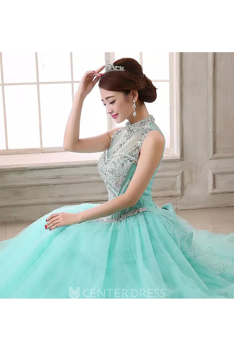Sleeveless Ball Gown High Neck Floor-length Organza Tulle Prom Dress with Beading and Ruffles