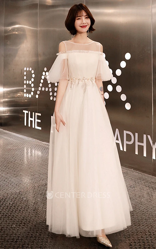 Elegant Tulle Off-the-shoulder A Line Prom Formal Dress With Appliques