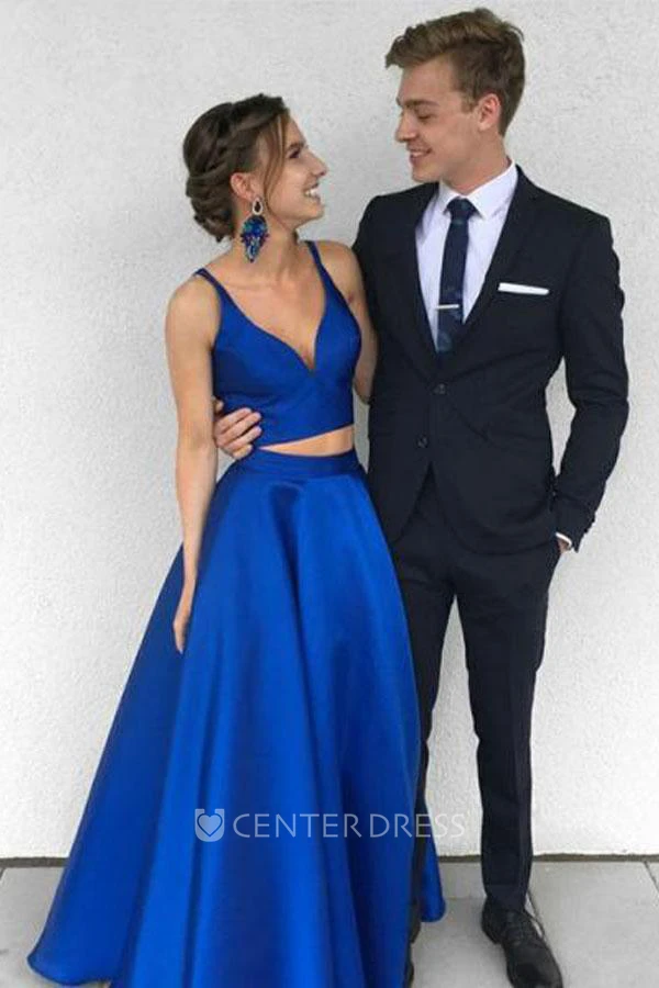 Sleeveless Floor-length A-Line Two Piece V-neck Satin Dress